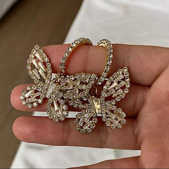 Gold 18K GP Diamond Butterfly Dangle Earrings - Picture 3 of 6